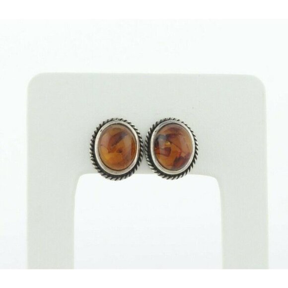 Sterling Silver Amber Stud Post Earrings - Picture 4 of 6